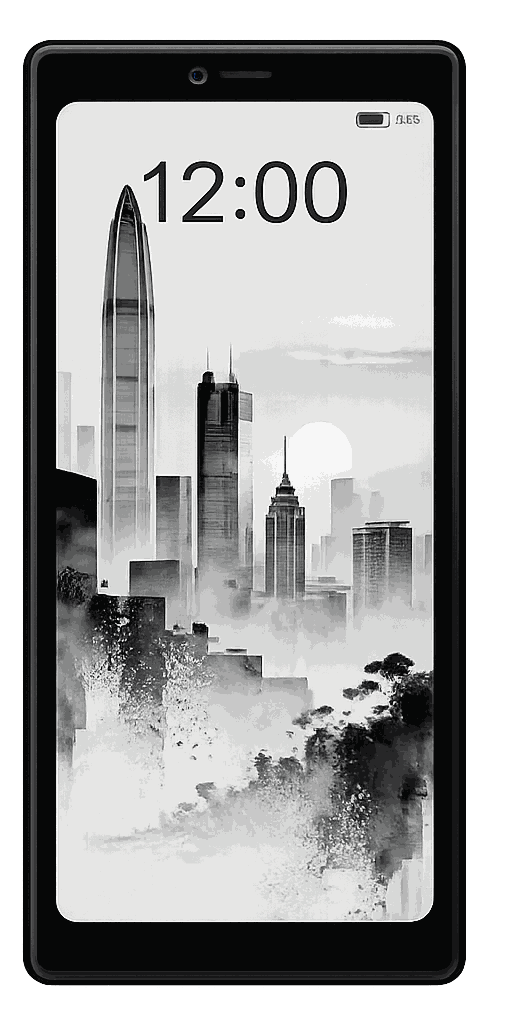 Semo Phone seen from the front, its screen showing the time 12:00 above a monochrome city and forest scene.